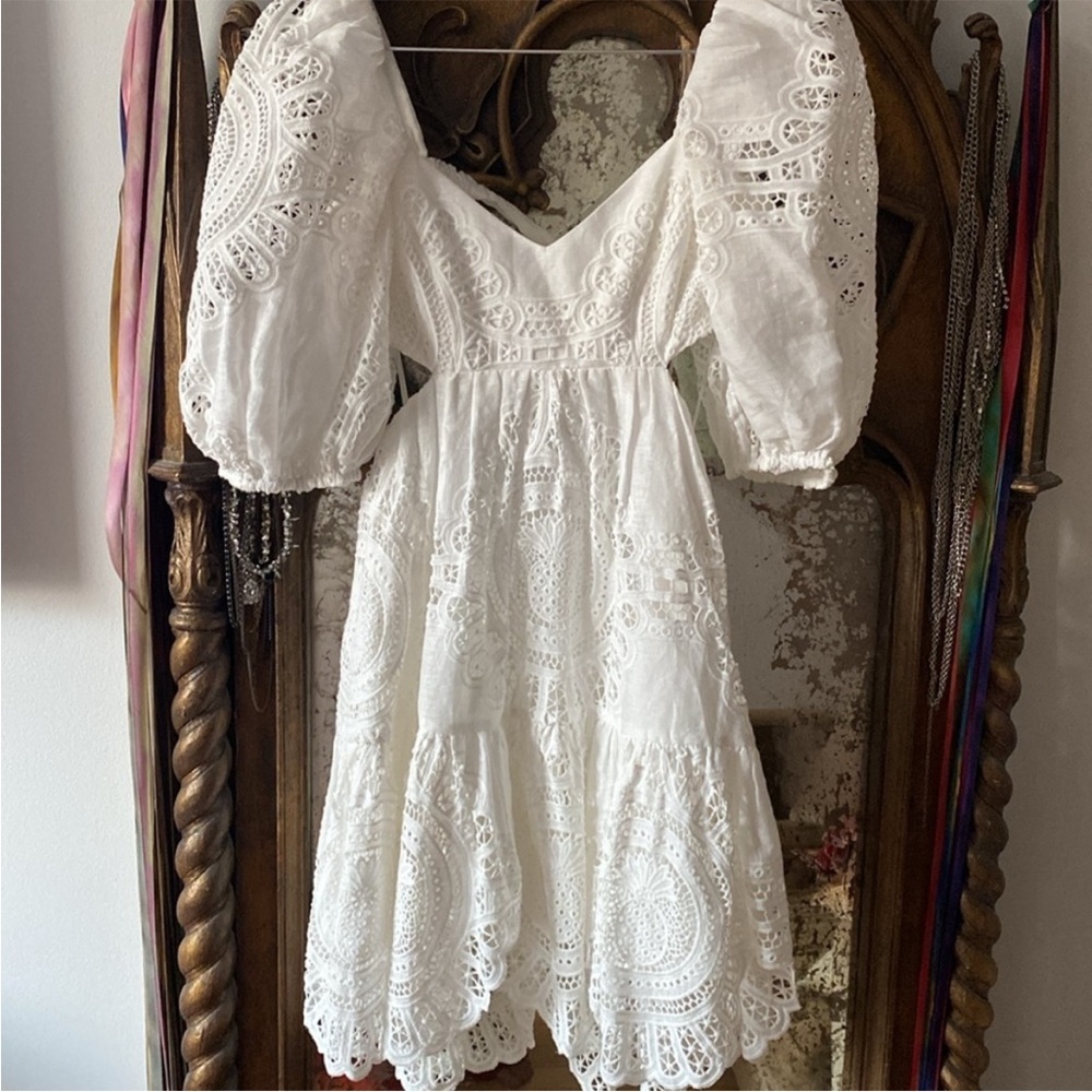 Zimmermann Vacay Lace & Eyelet Asymmetrical Open Back Mini Dress Size AU 1 US 6 - Picture 2 of 8